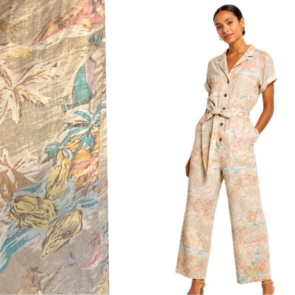 GAP, Tropical Print Jumpsuit Women’s Beige Coastal Vacation Wide Leg, Size 6